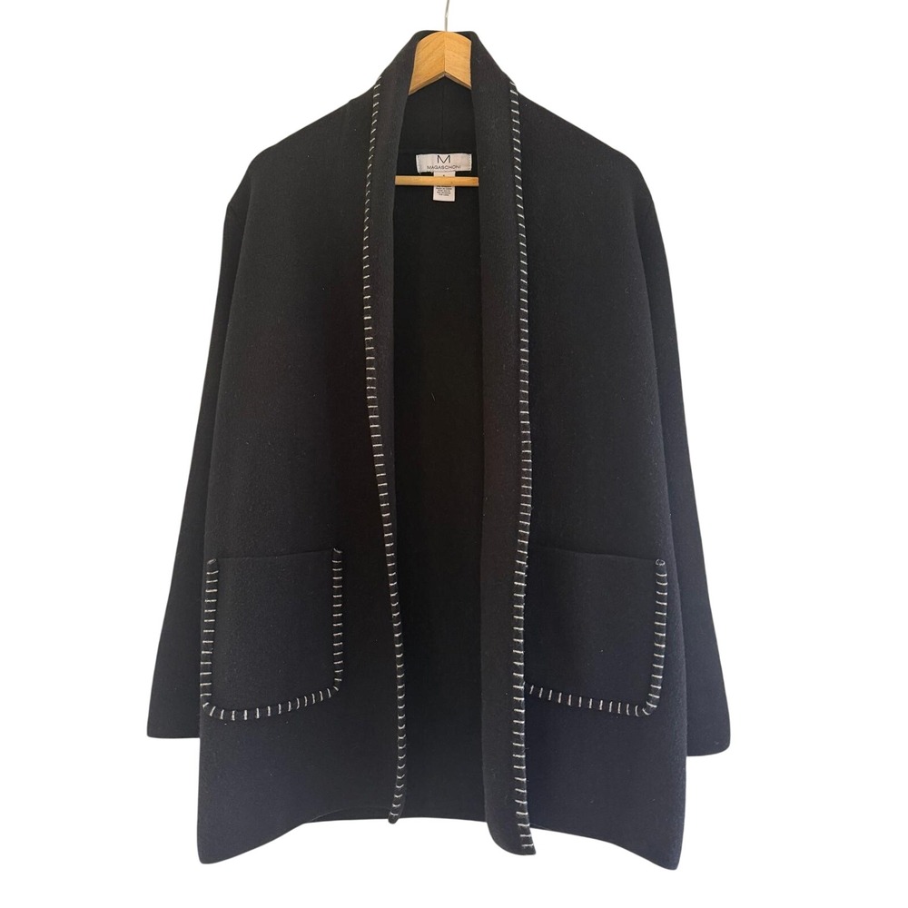 Magaschoni Womens Black Whipstitch Open Front Cardigan Sweater Jacket Small